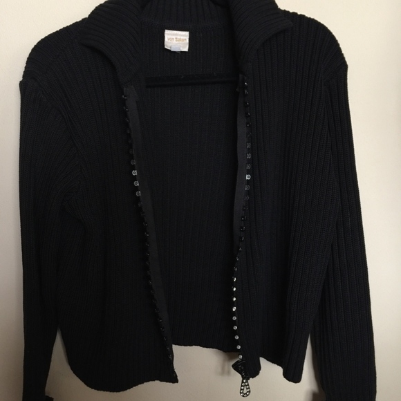 Rhinestone Zippered Black Ribbed Sweater - Picture 6 of 8